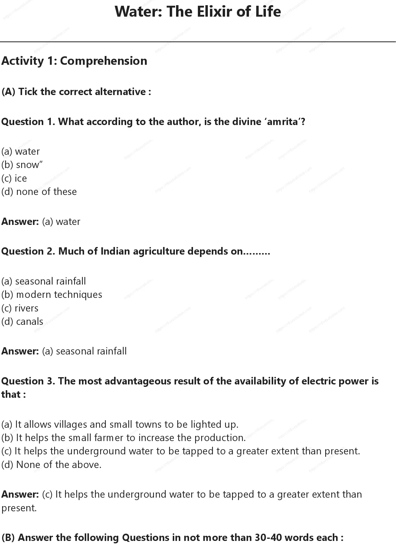 RBSE Class 9th अंग्रेज़ी Water The Elixir of Life Solutions 0