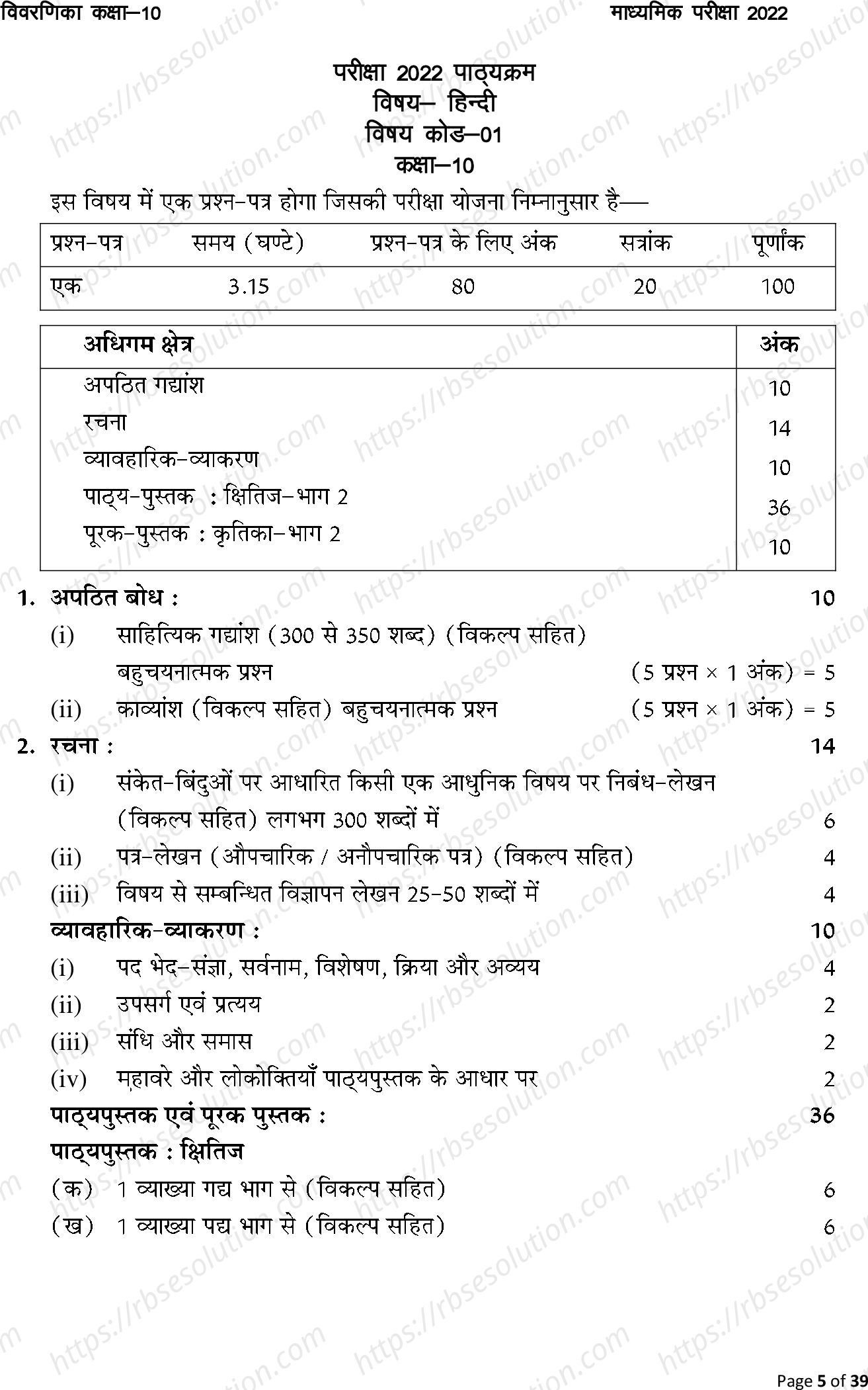 RBSE Class 10th 2022 Hindi Syllabus 0