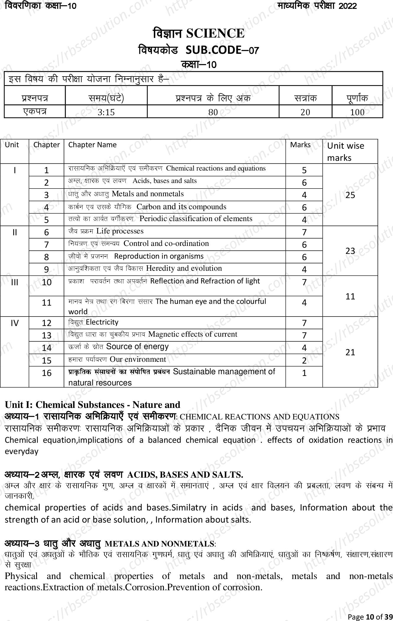 RBSE Class 10th 2022 Science Syllabus 0