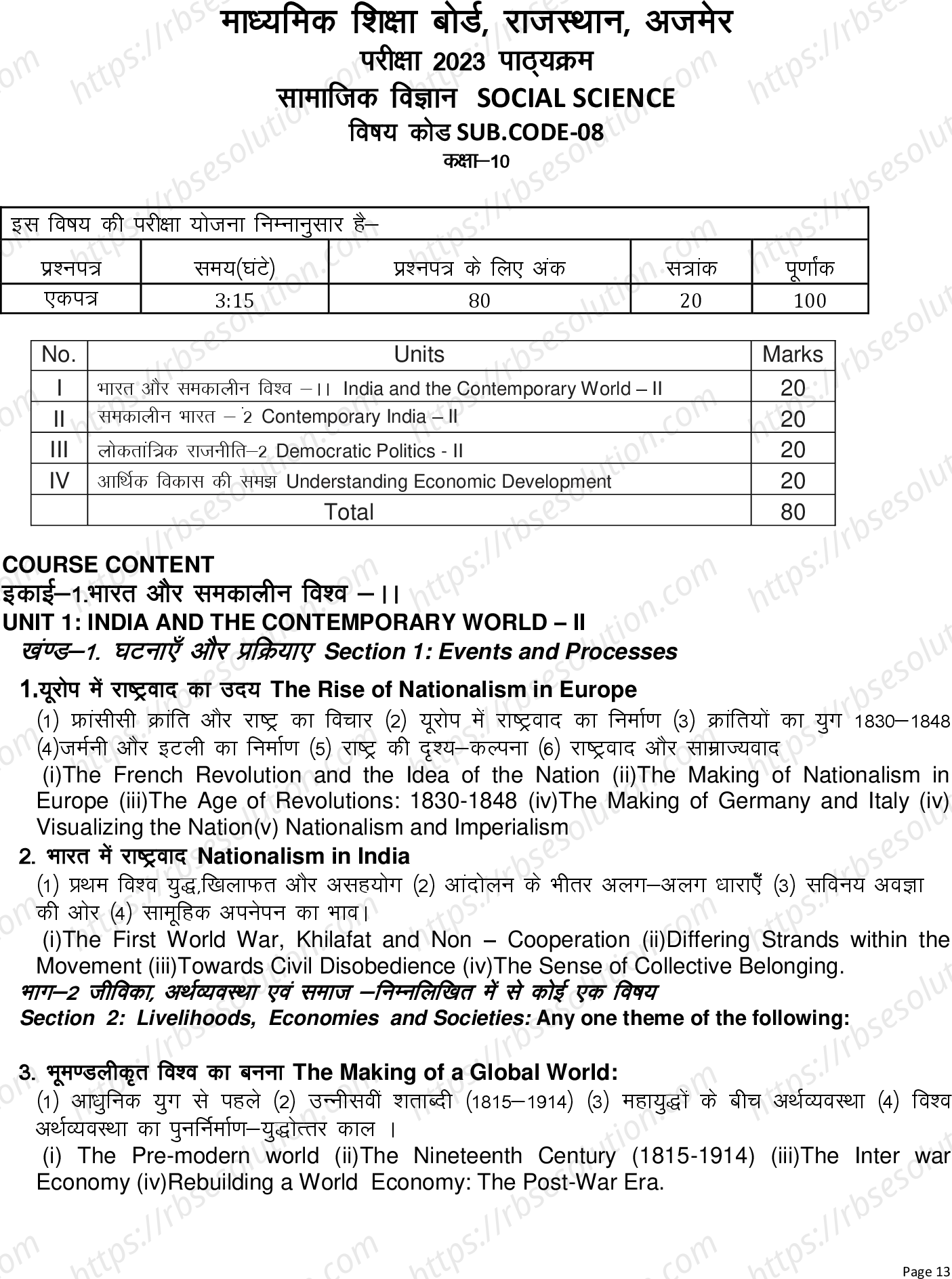 RBSE Class 10th 2023 Social Science Syllabus 0