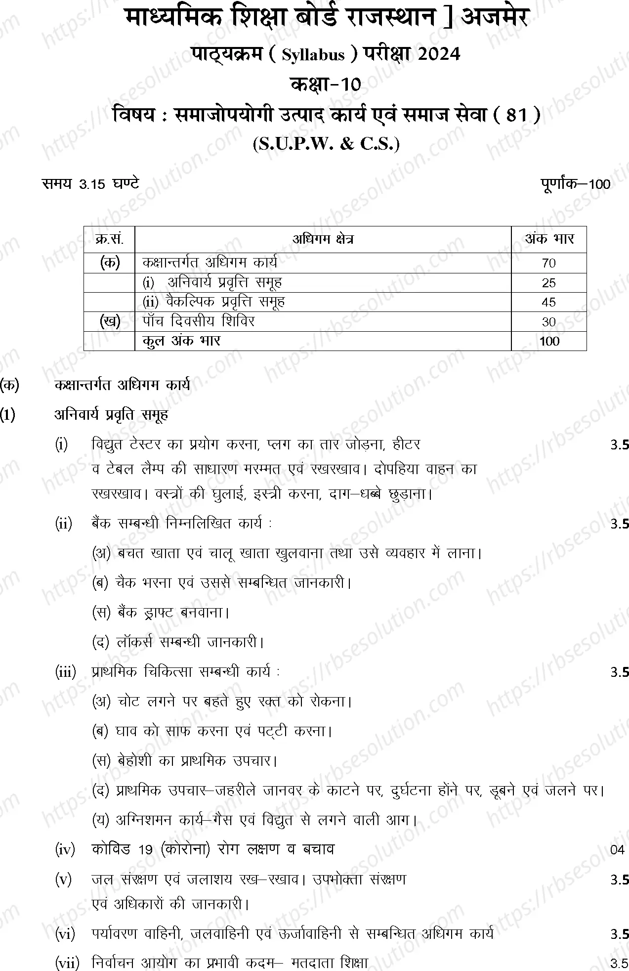RBSE Class 10th 2024 Socially Useful Productive Work Syllabus 0