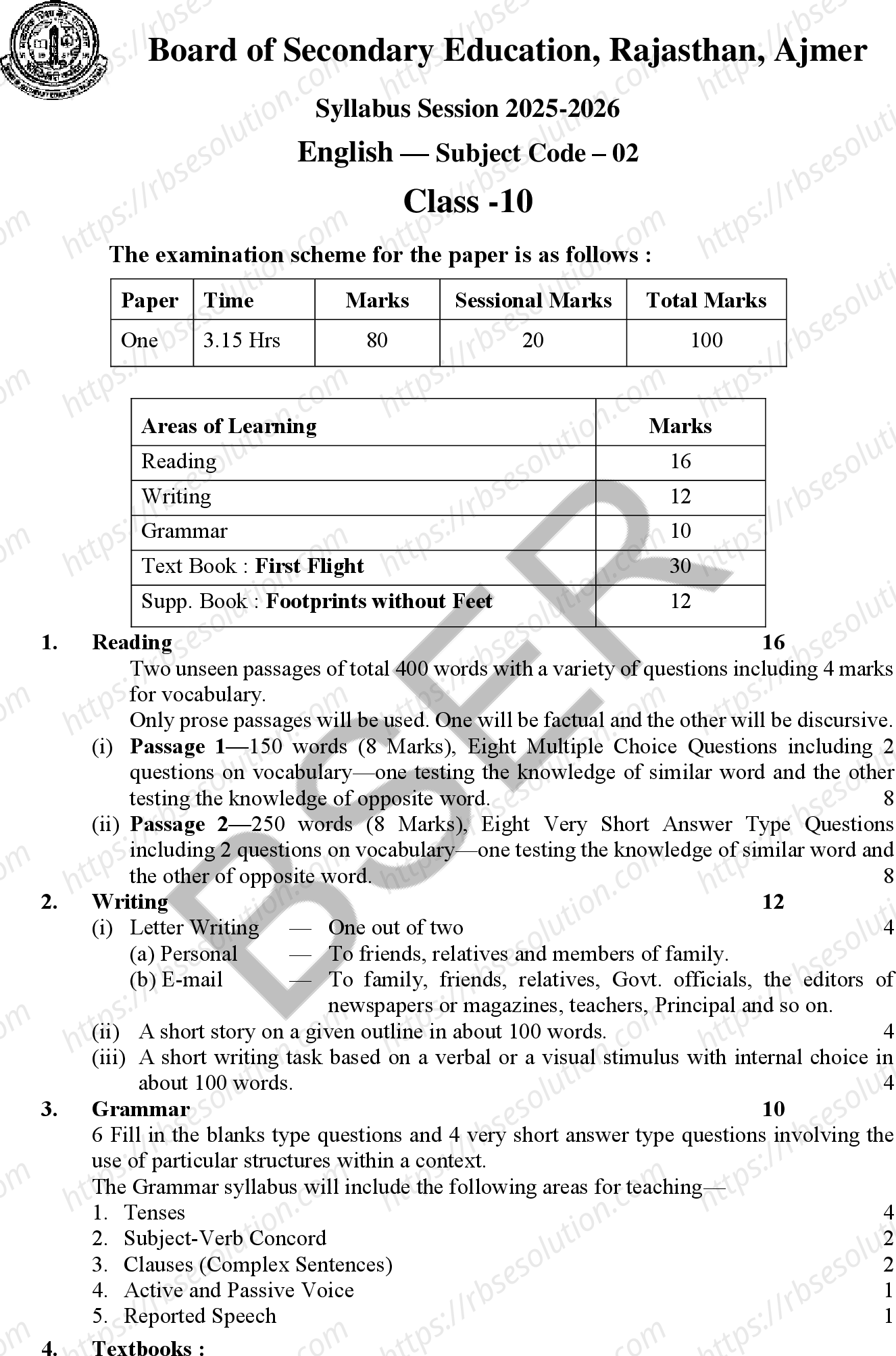 RBSE Class 10th 2026 English Syllabus 0