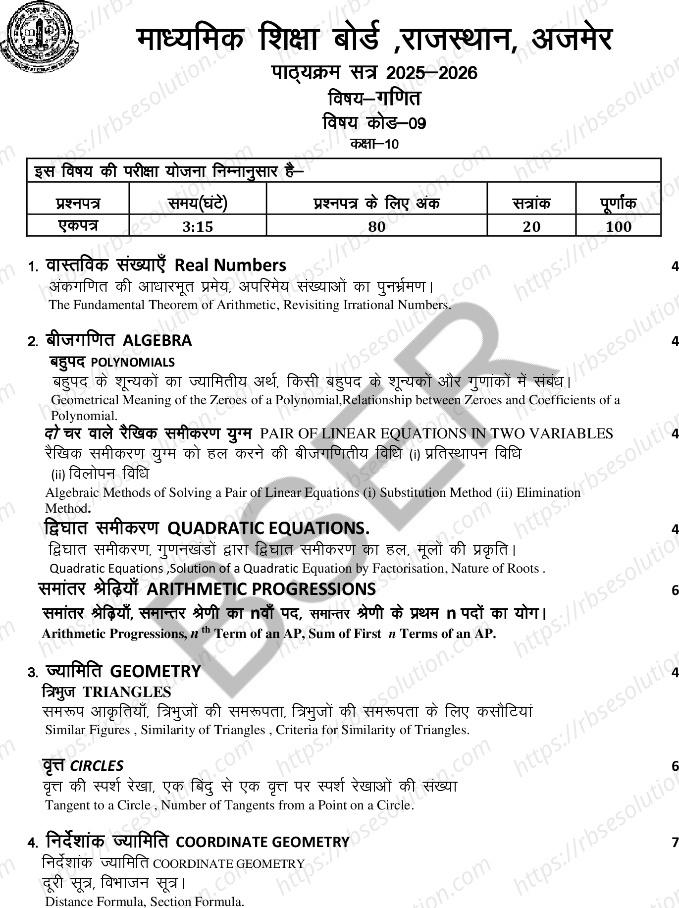 RBSE Class 10th 2026 गणित Syllabus 0