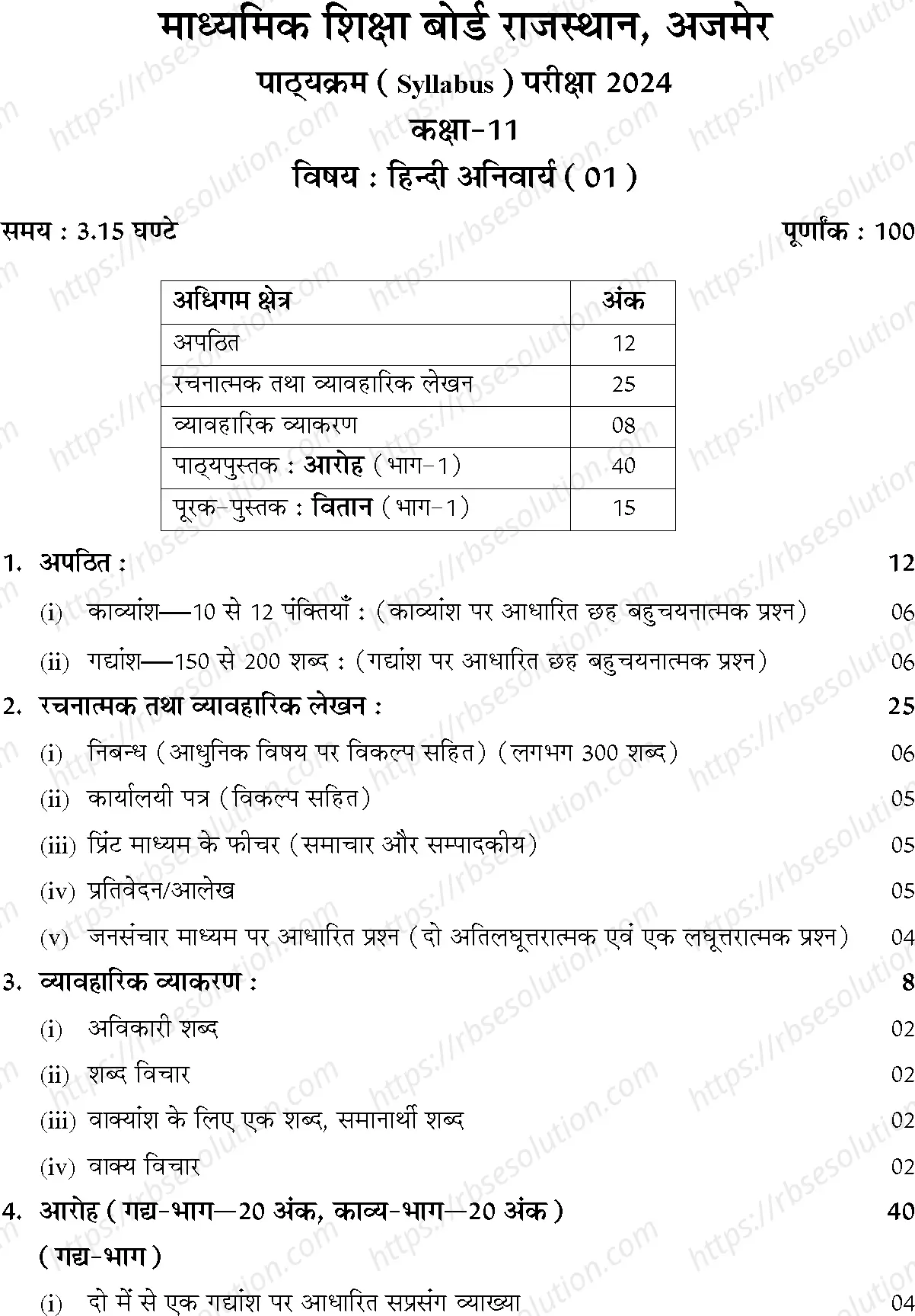 RBSE Class 11th 2024 Hindi Syllabus 0