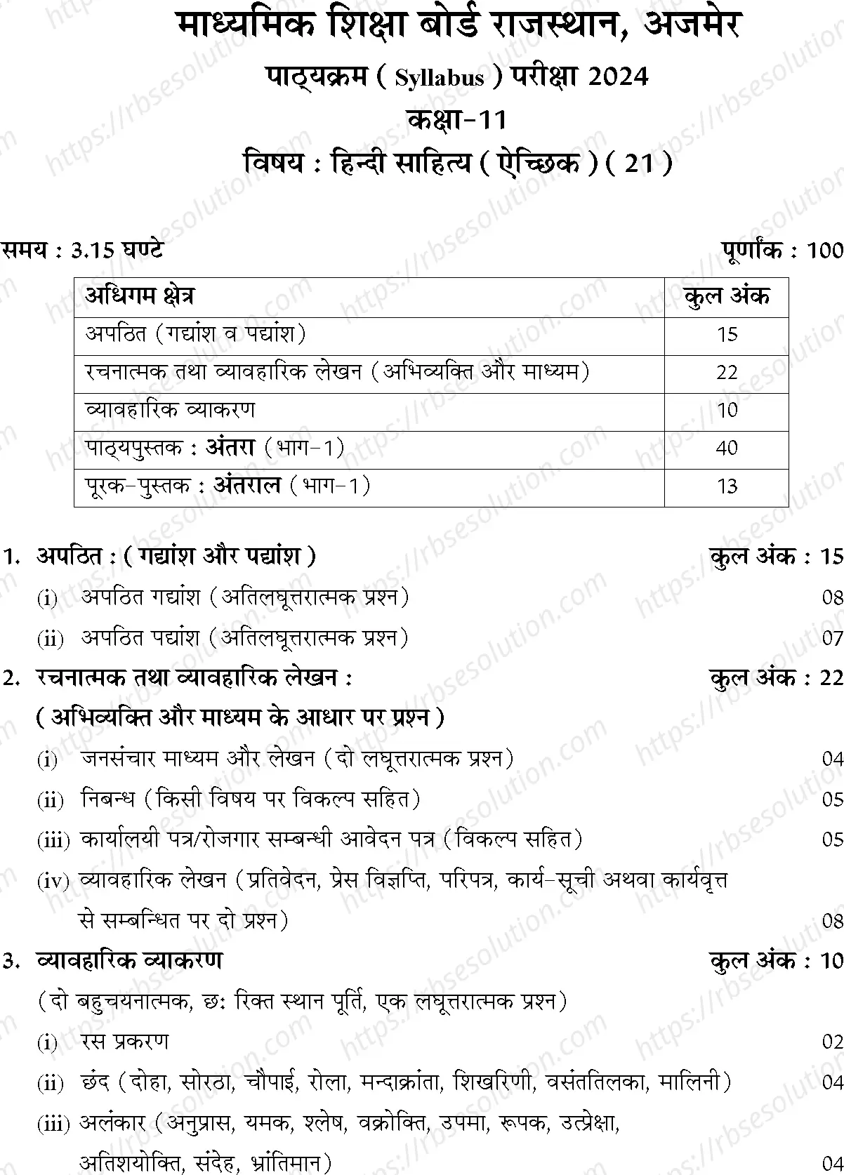 RBSE Class 11th 2024 Hindi Elective Syllabus 0