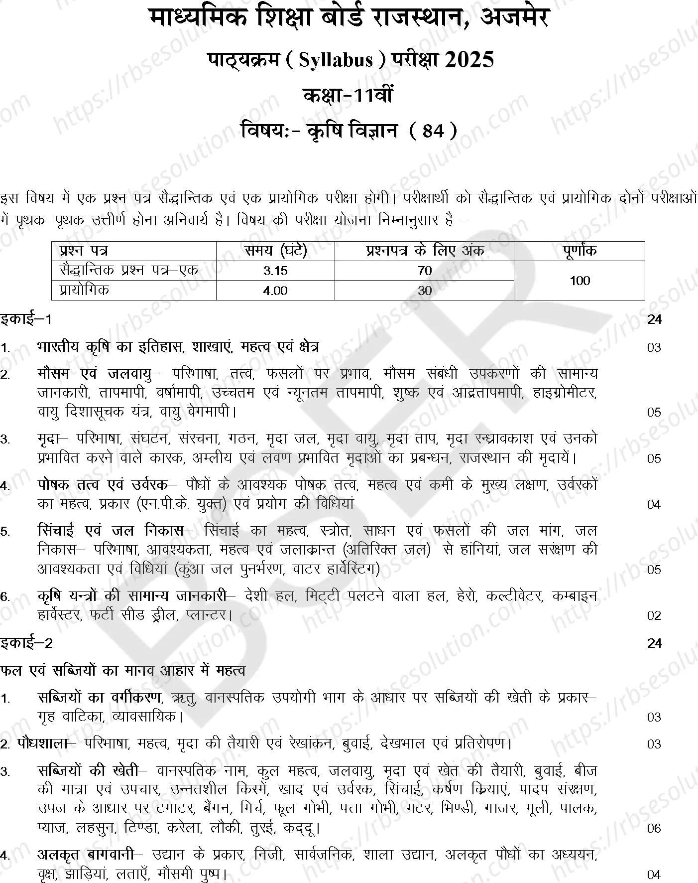 RBSE Class 11th 2025 Agricultural Science Syllabus 0