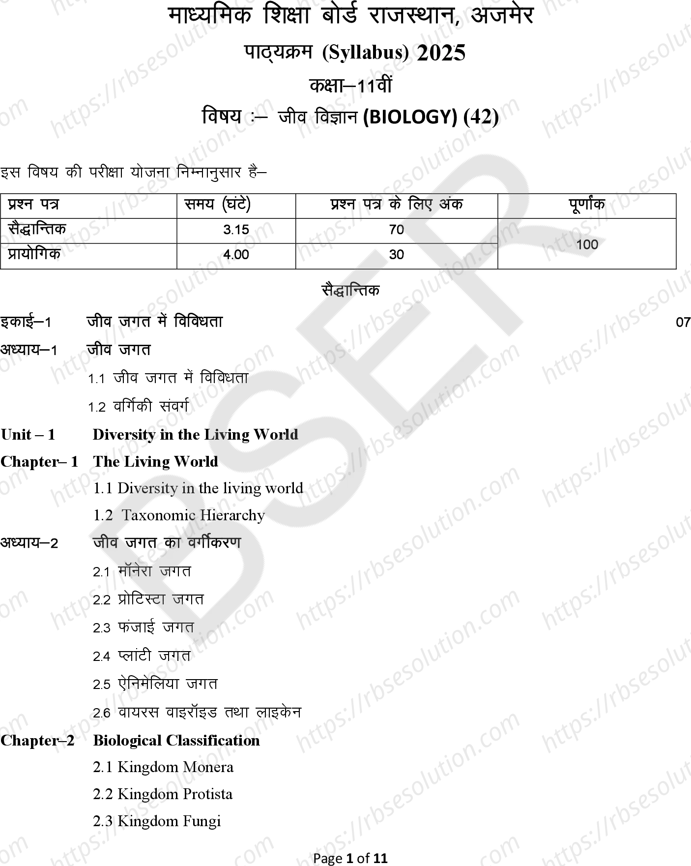 RBSE Class 11th 2025 Biology Syllabus 0