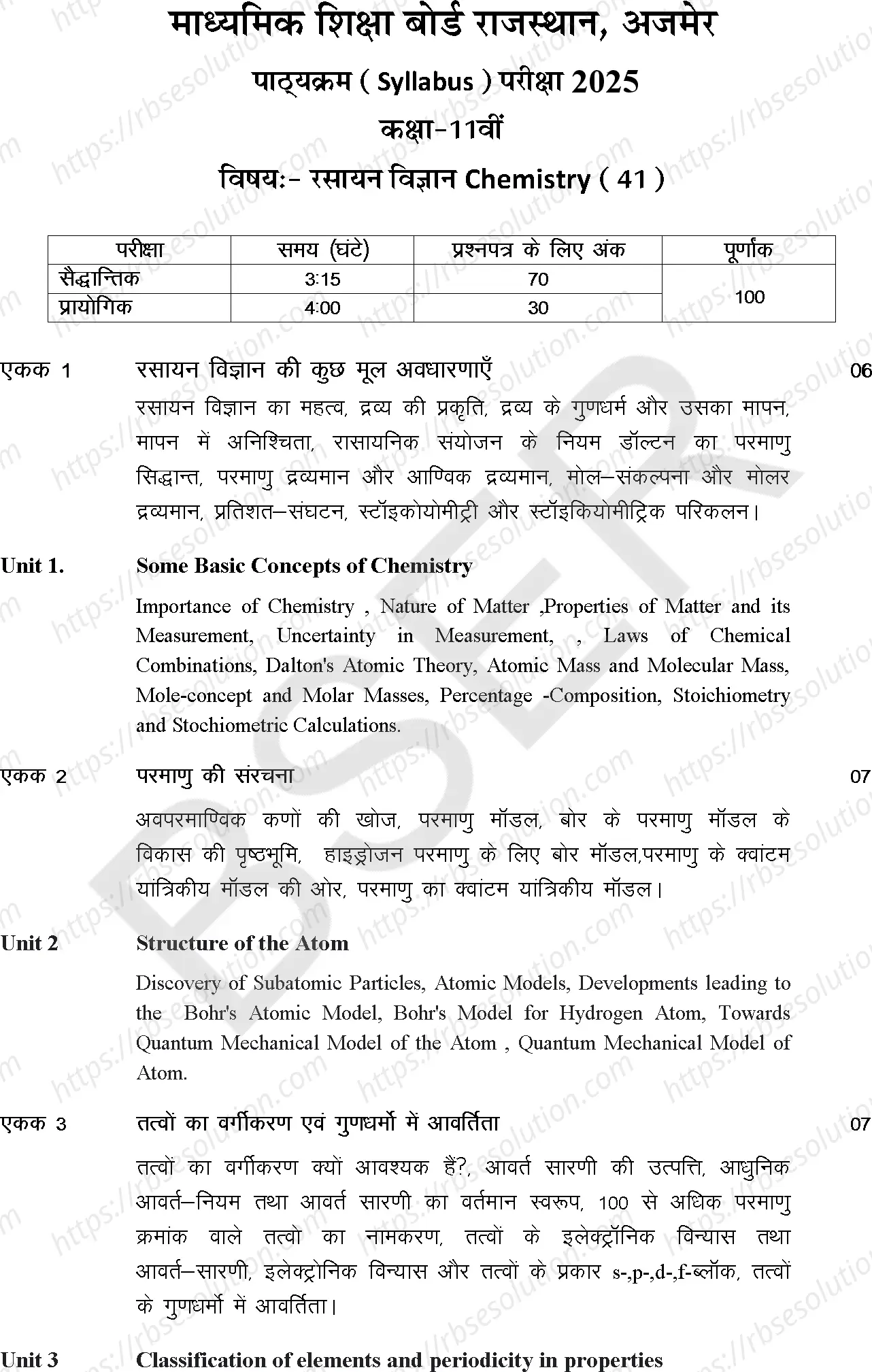 RBSE Class 11th 2025 Chemistry Syllabus 0