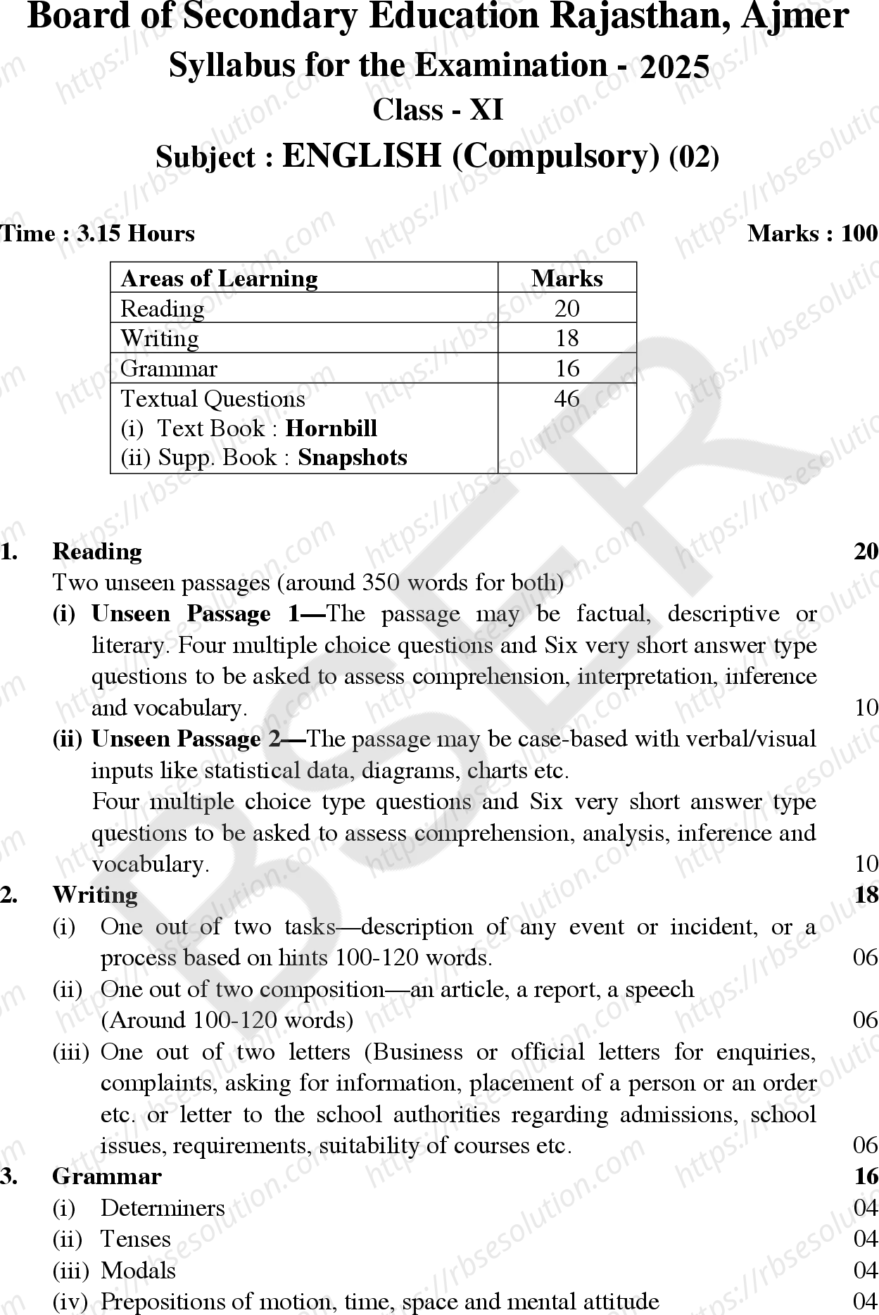 RBSE Class 11th 2025 English (Compulsory) Syllabus 0
