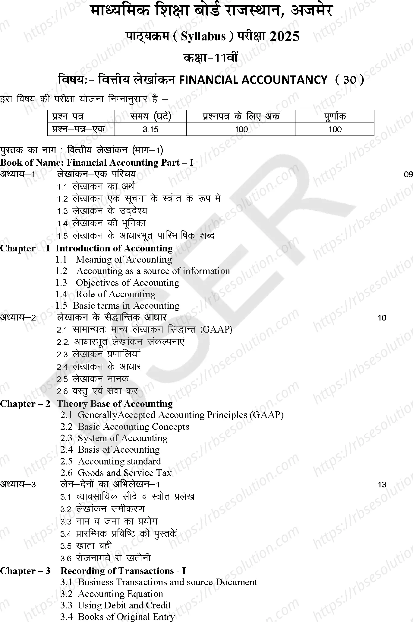 RBSE Class 11th 2025 Financial Accounting Syllabus 0