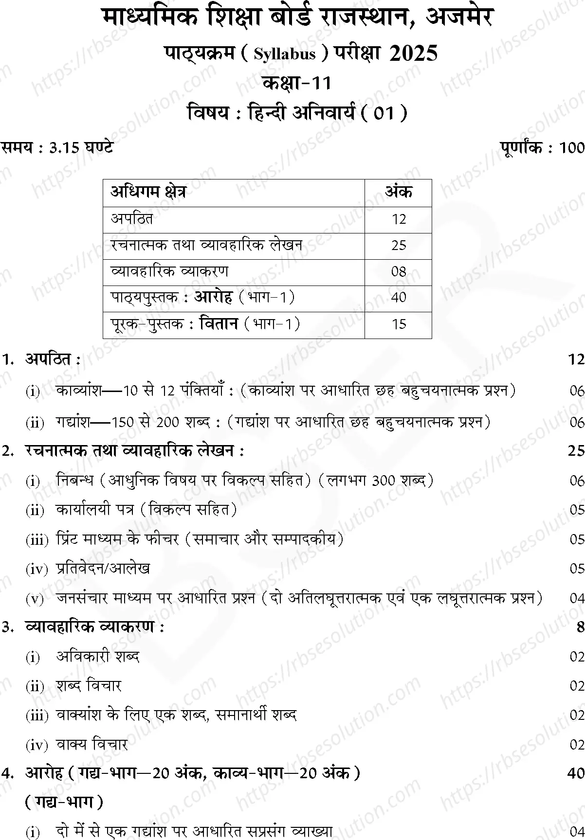 RBSE Class 11th 2025 Hindi Syllabus 0