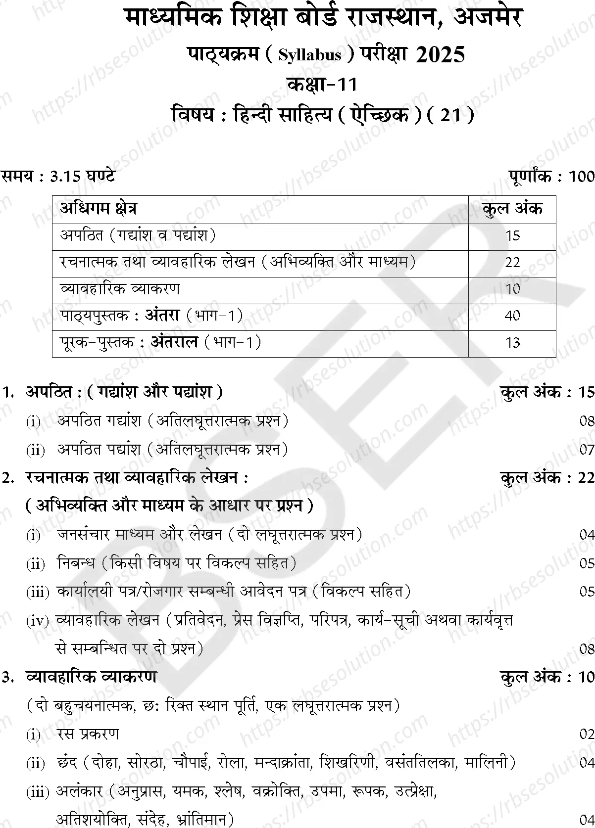 RBSE Class 11th 2025 Hindi Elective Syllabus 0