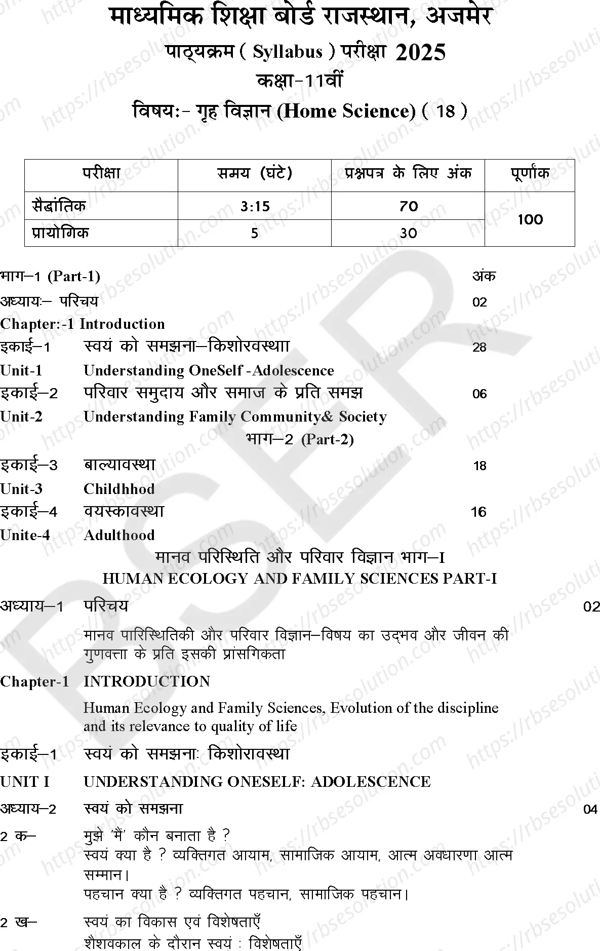 RBSE Class 11th 2025 Home Science Syllabus 0