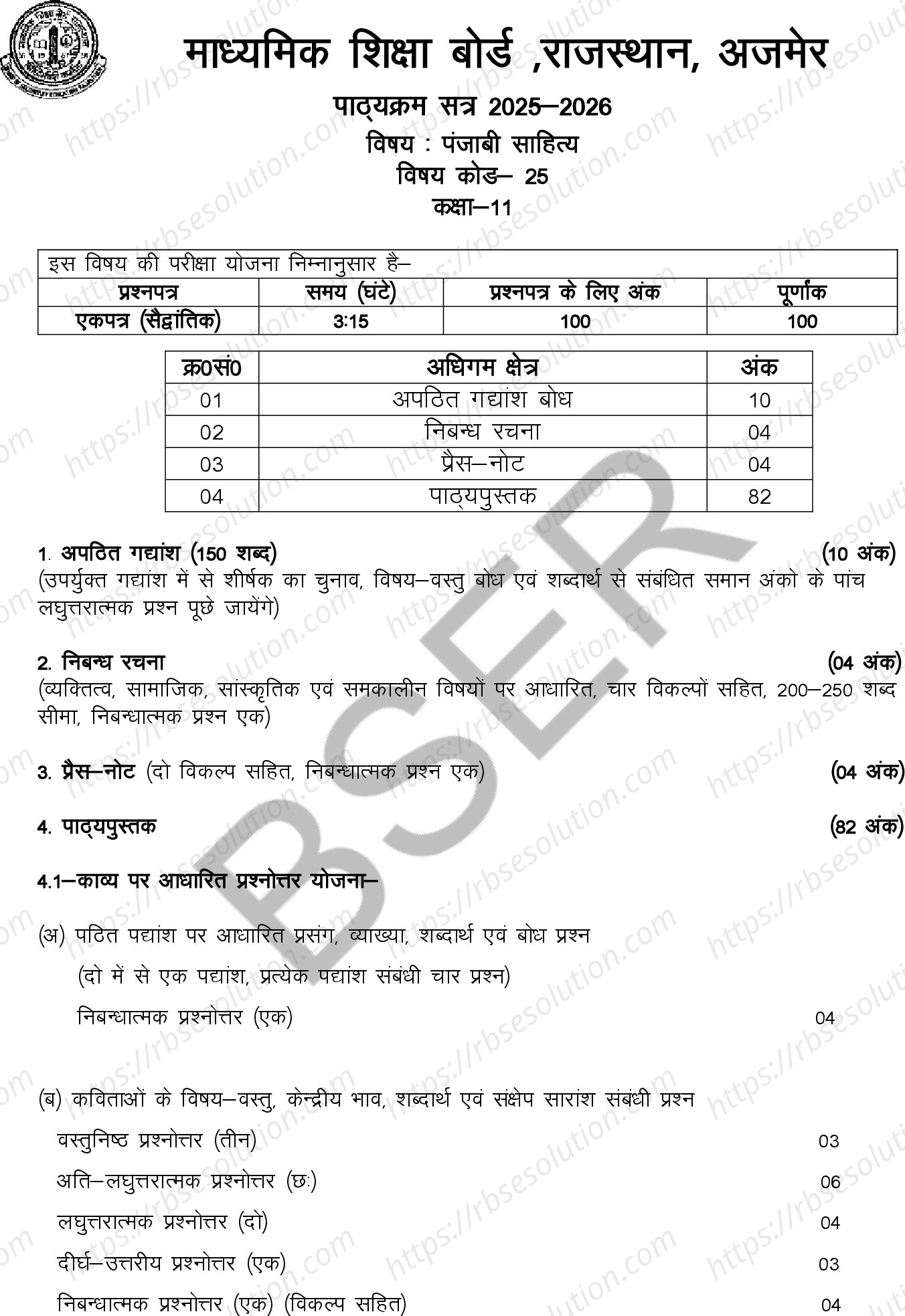 RBSE Class 11th 2026 पंजाबी साहित्य Syllabus 0