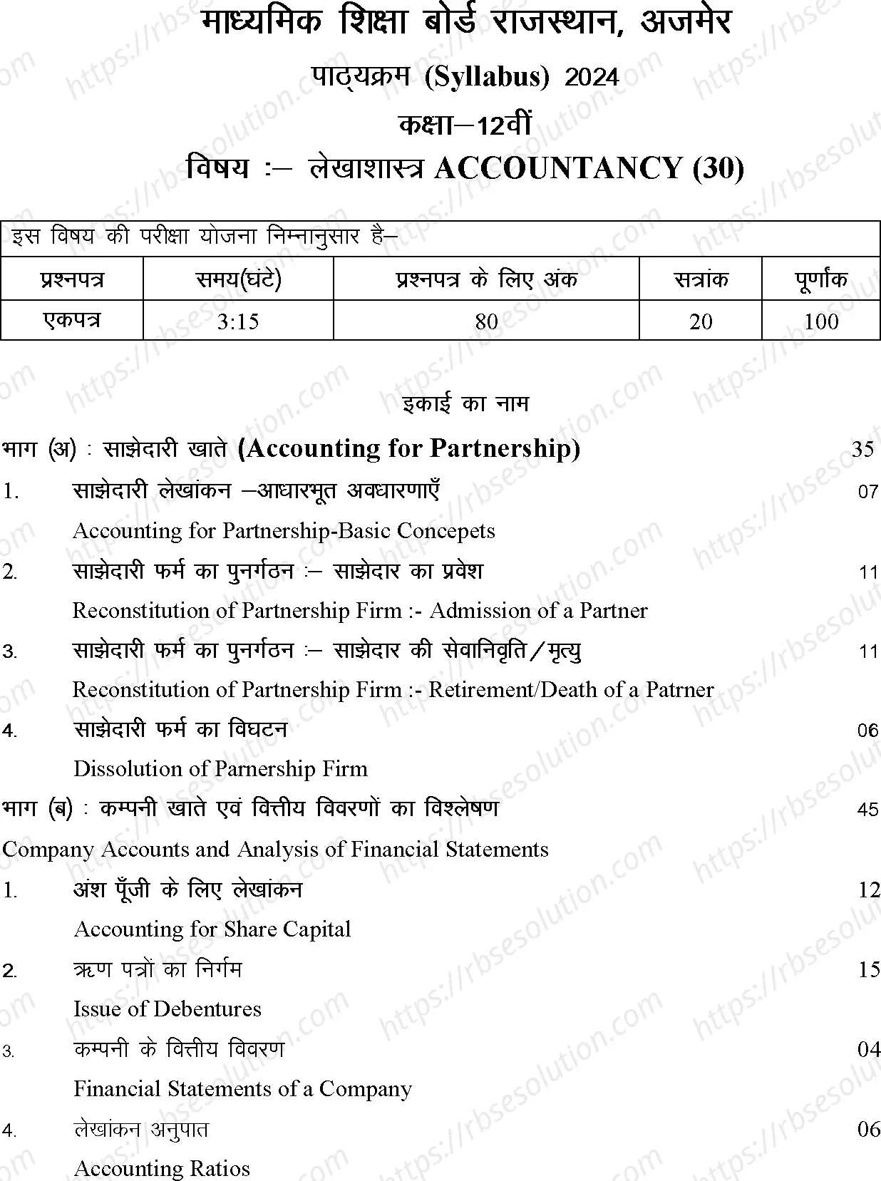 RBSE Class 12th 2024 Accountancy Syllabus 0