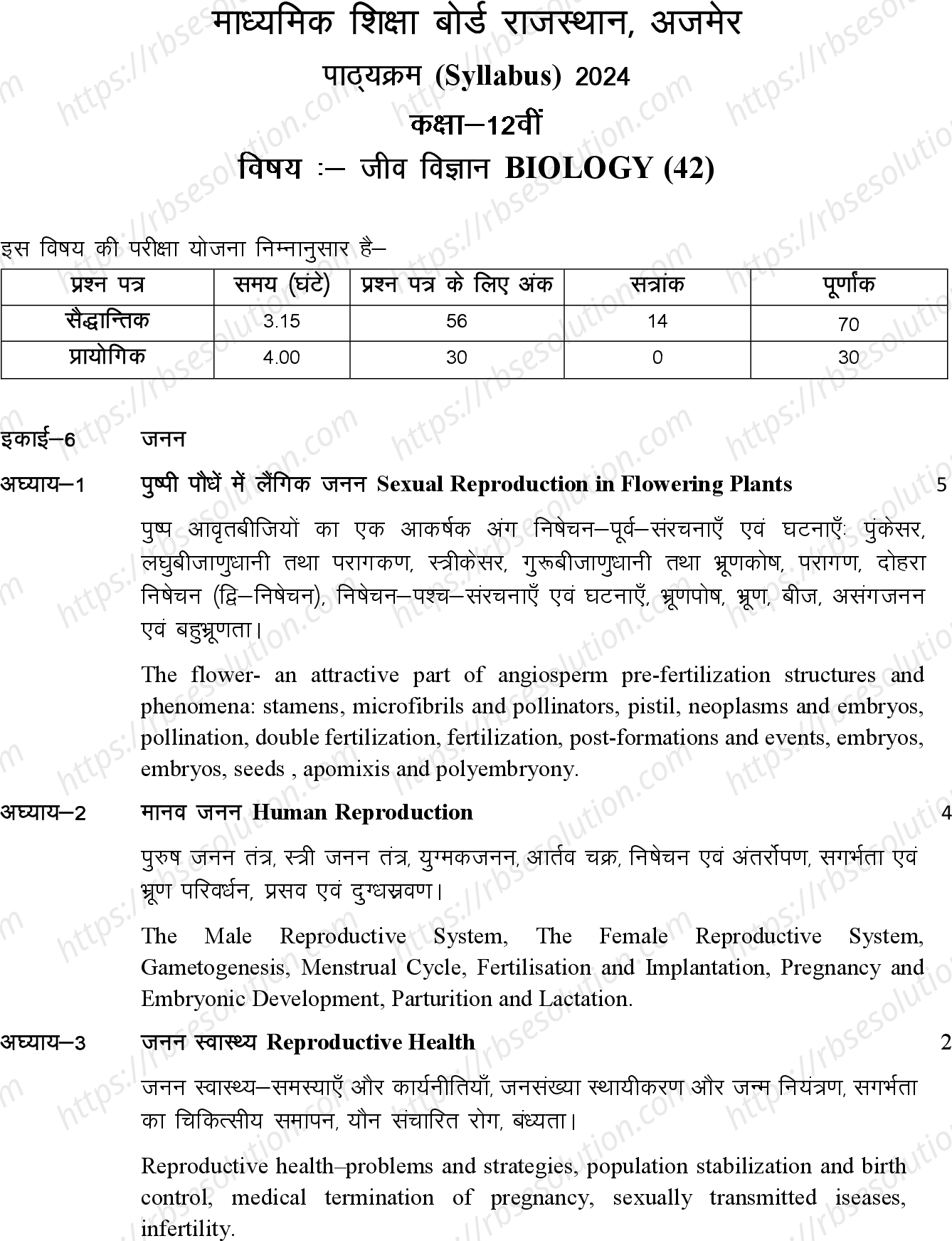 RBSE Class 12th 2024 Biology Syllabus 0