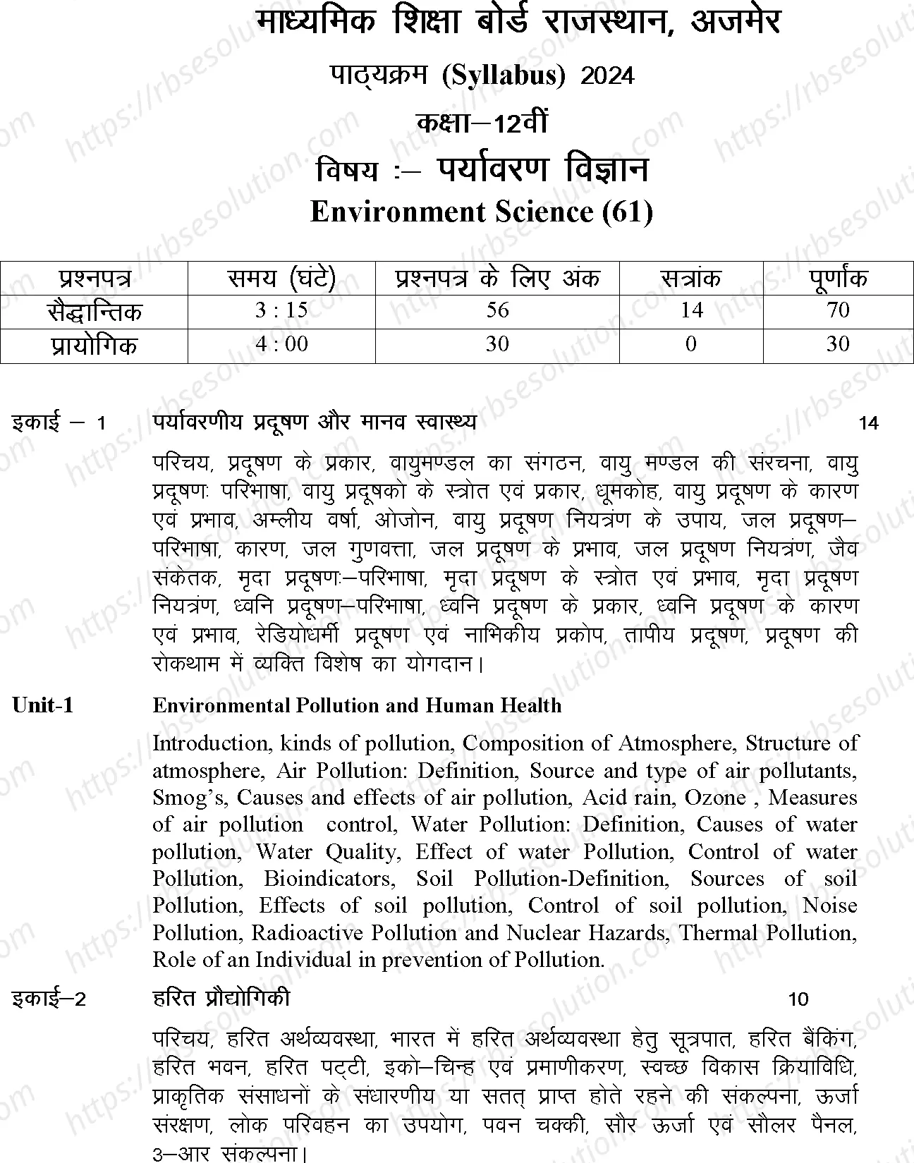 RBSE Class 12th 2024 Environmental Science Syllabus 0
