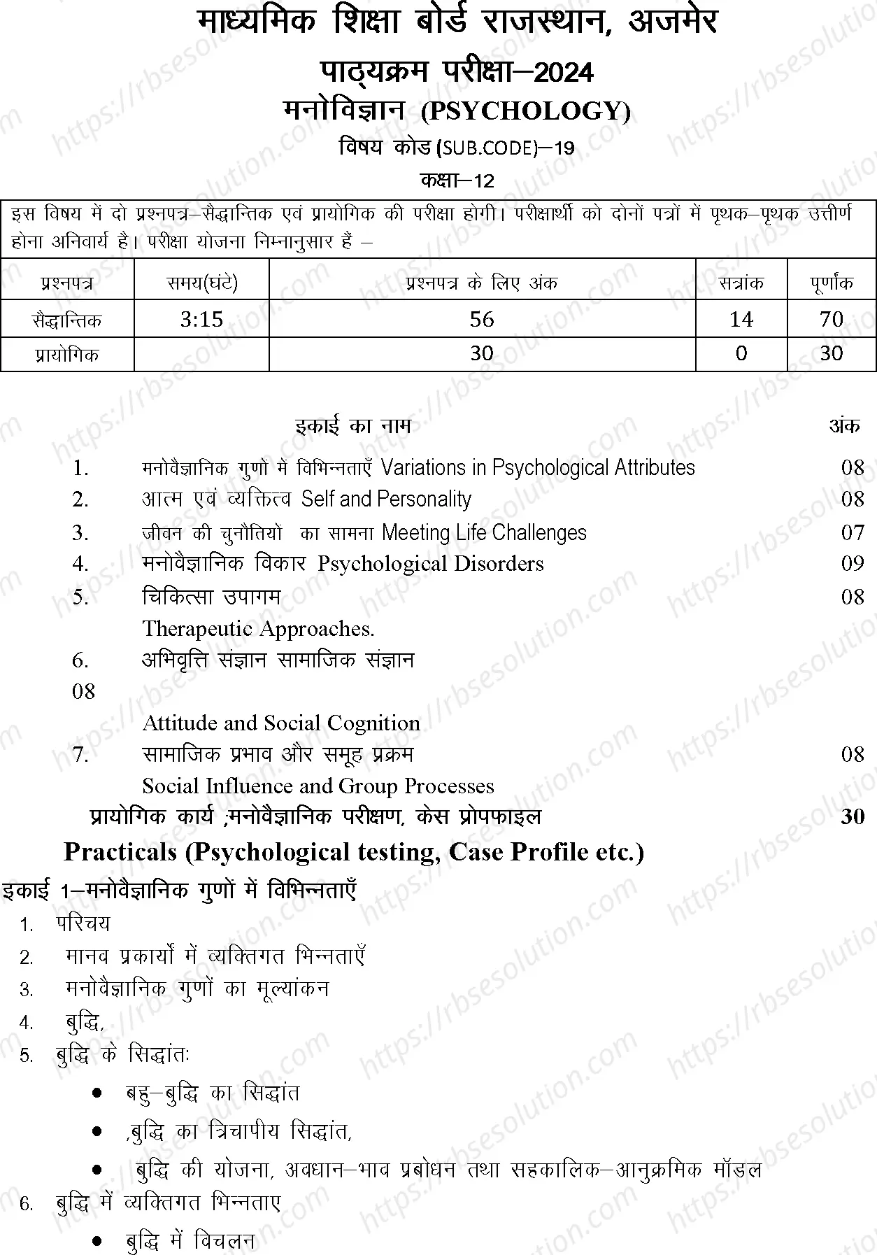 RBSE Class 12th 2024 Psychology Syllabus 0