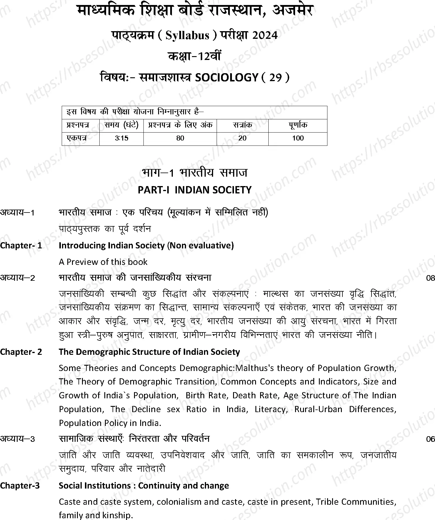 RBSE Class 12th 2024 Sociology Syllabus 0