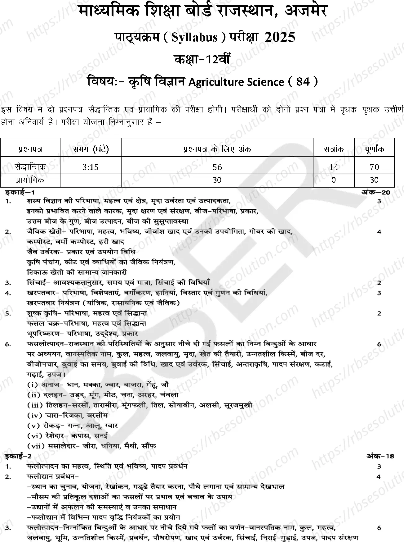 RBSE Class 12th 2025 Agricultural Science Syllabus 0