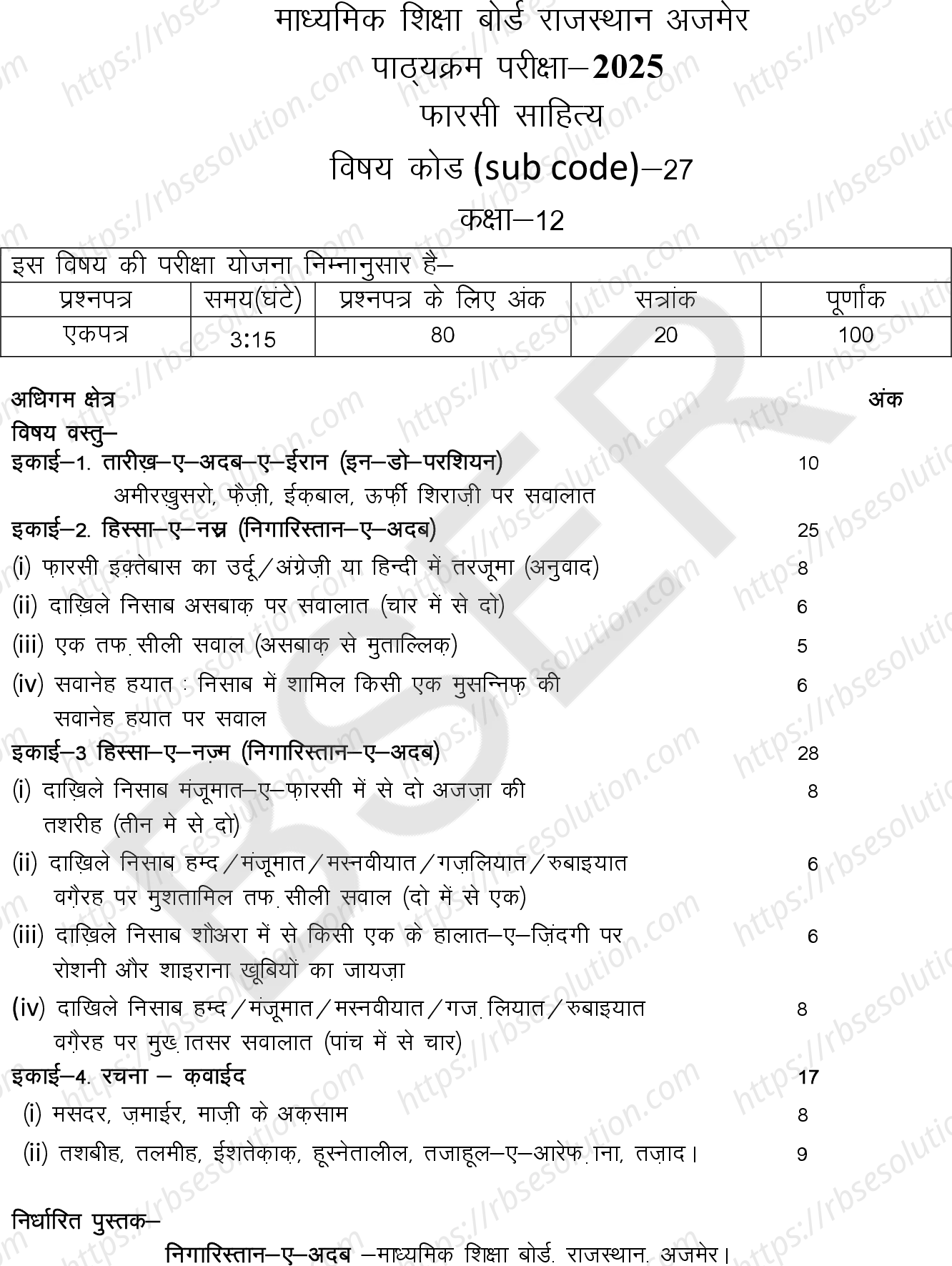 RBSE Class 12th 2025 Persian Literature Syllabus 0