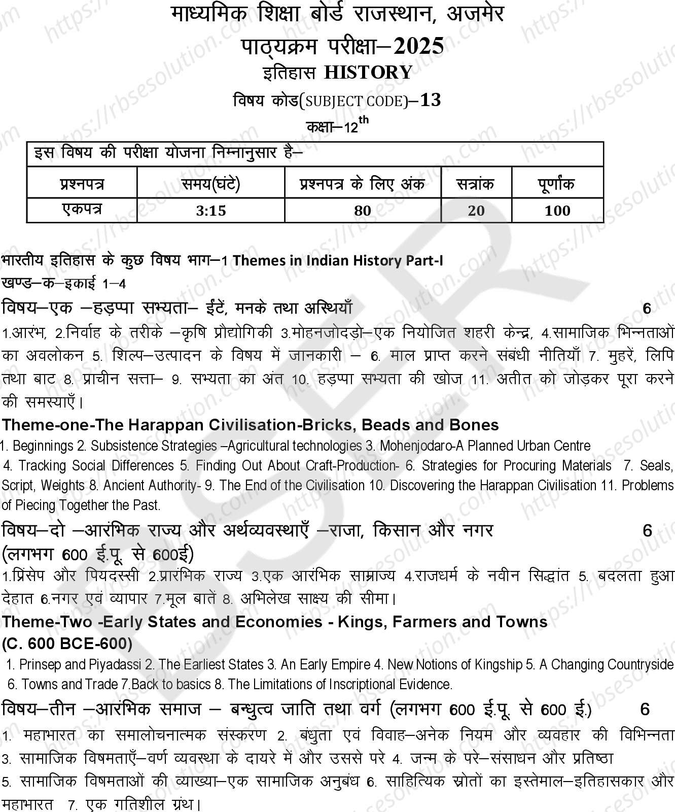 RBSE Class 12th 2025 इतिहास Syllabus 0