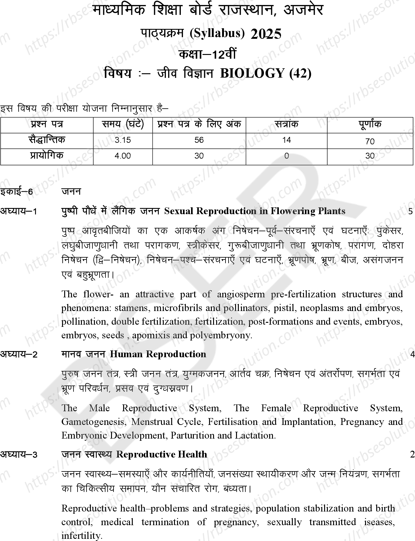 RBSE Class 12th 2025 जीव विज्ञान Syllabus 0