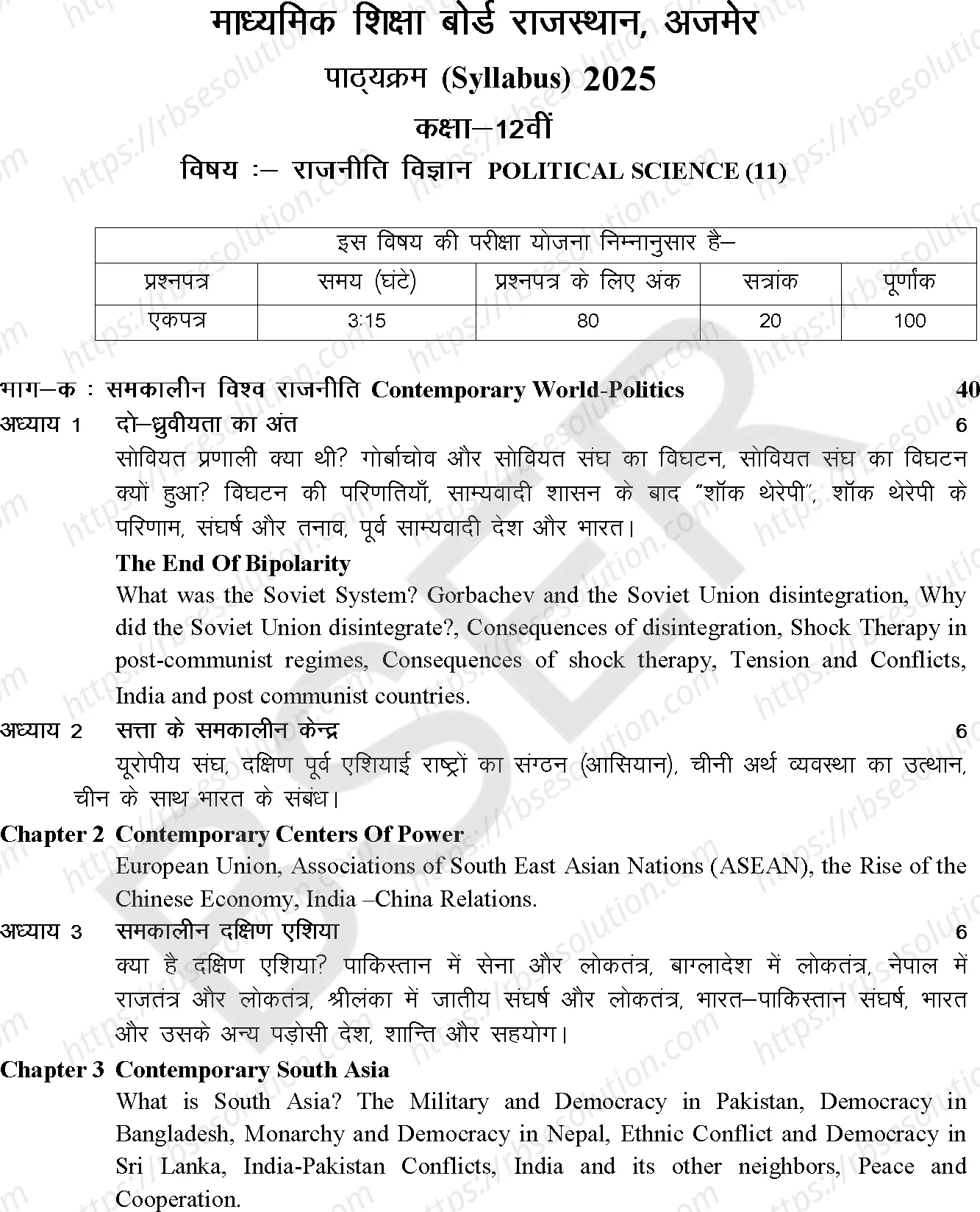 RBSE Class 12th 2025 राजनीति विज्ञान Syllabus 0