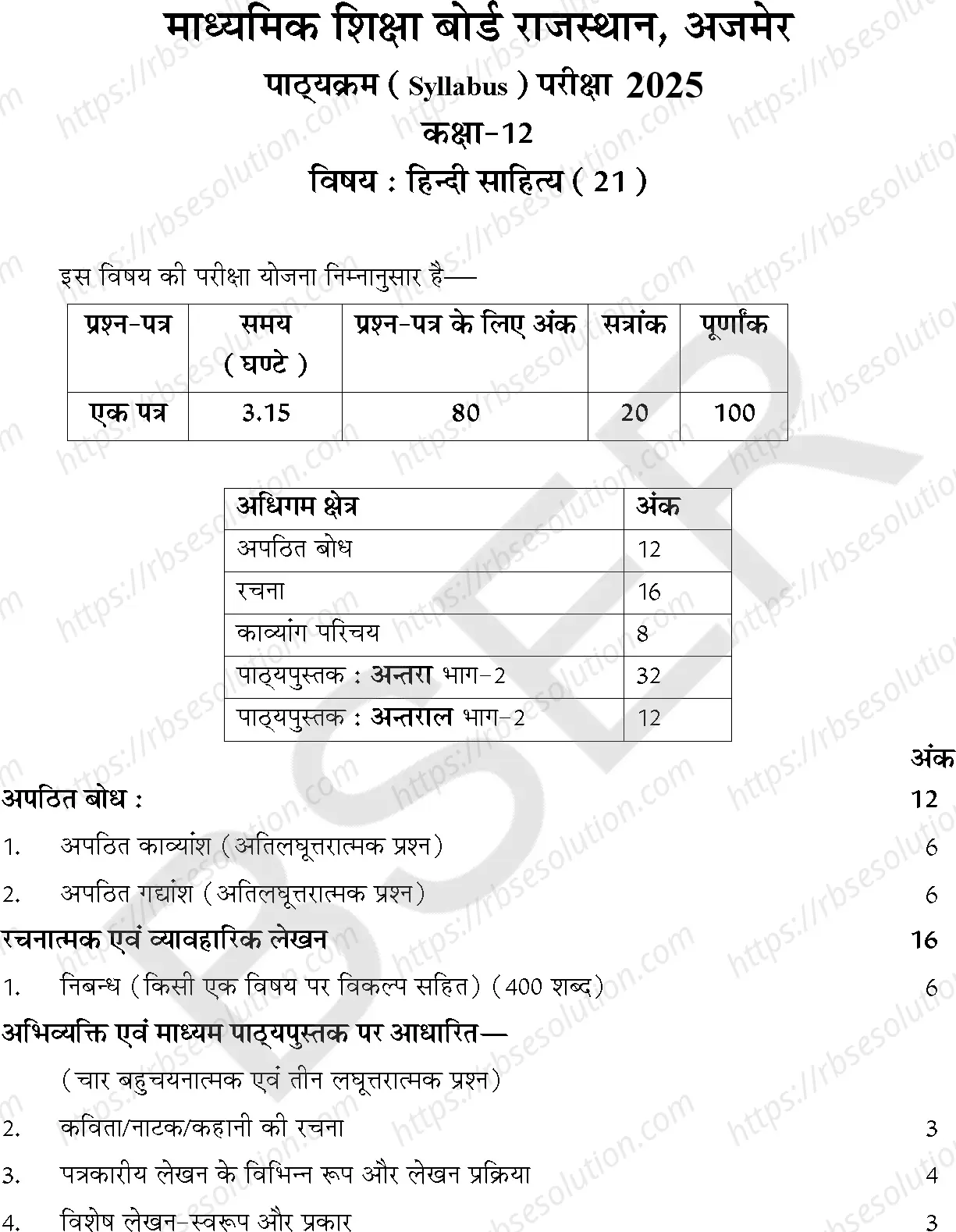 RBSE Class 12th 2025 हिन्दी साहित्य Syllabus 0