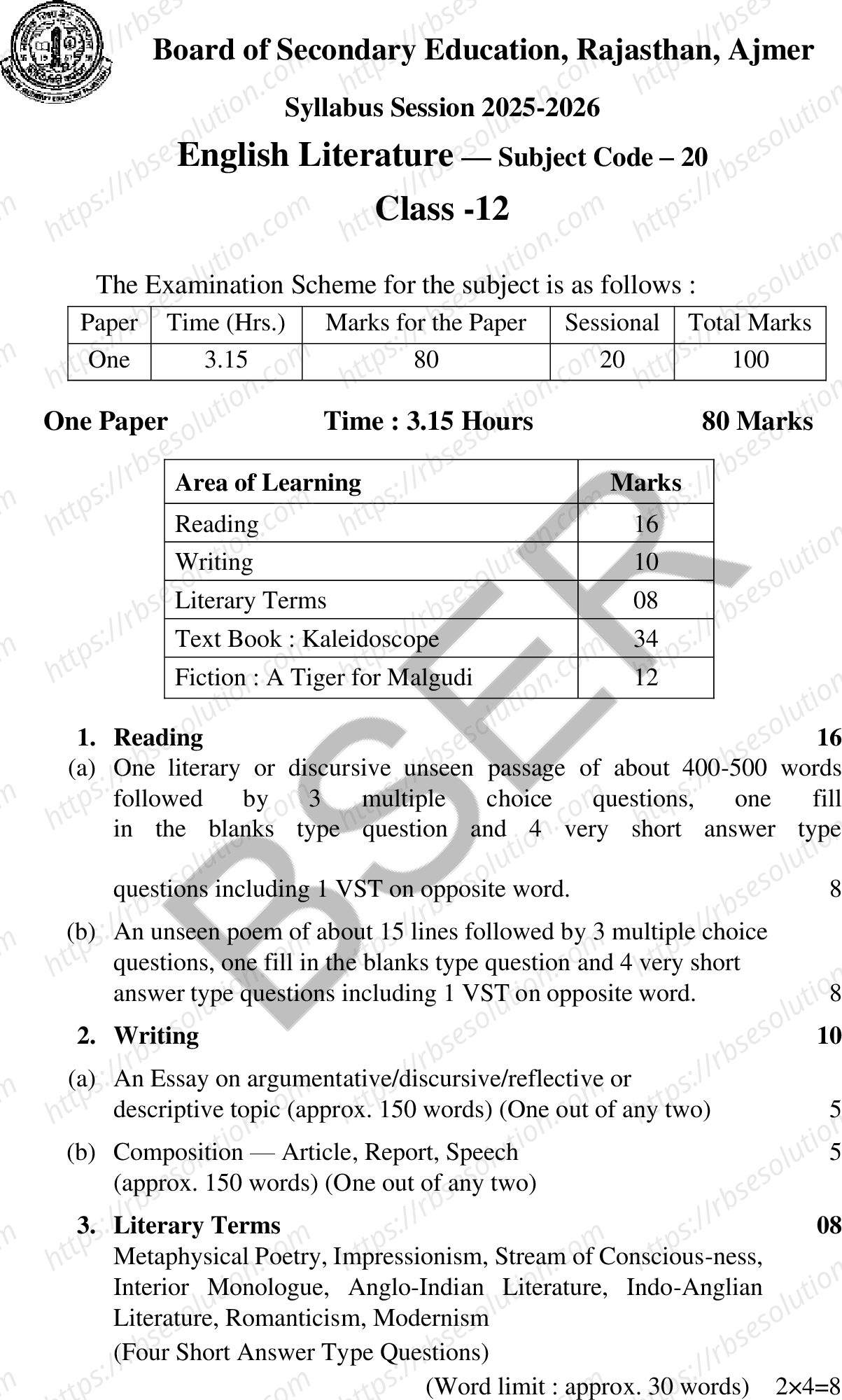 RBSE Class 12th 2026 English Literature Syllabus 0