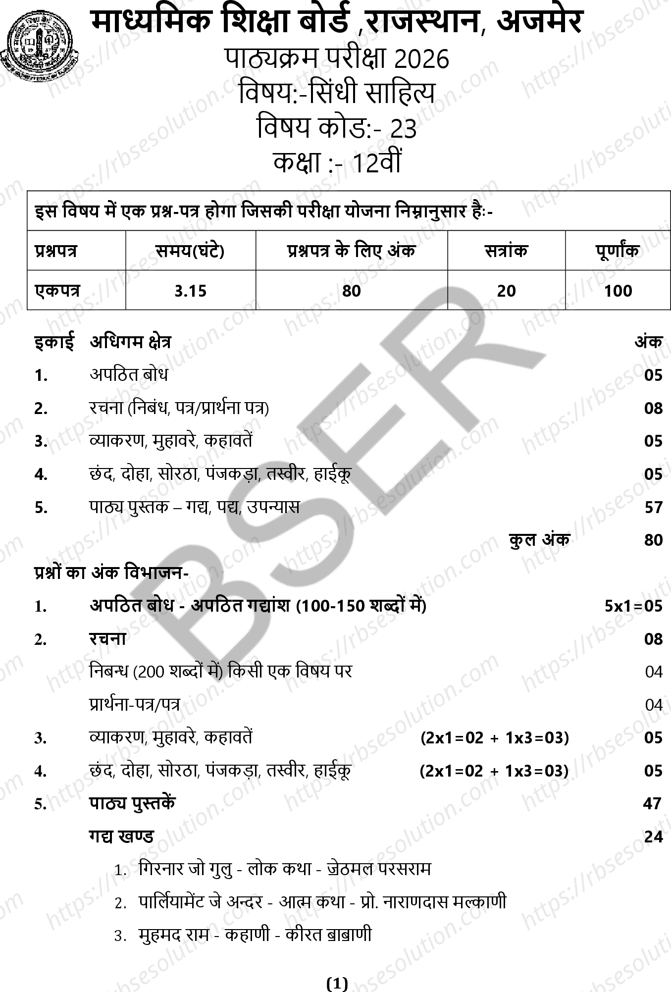 RBSE Class 12th 2026 सिंधी साहित्य Syllabus 0