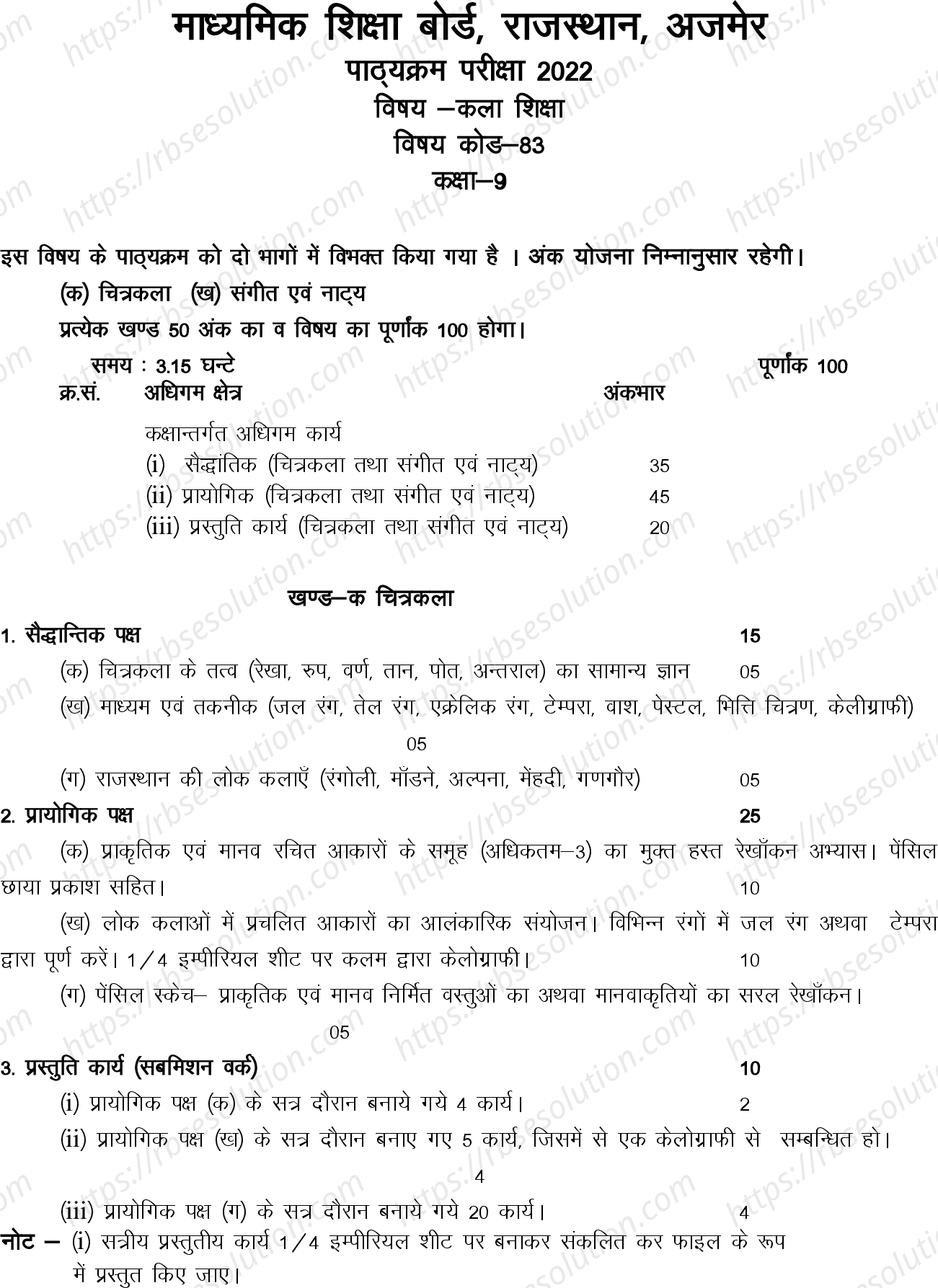 RBSE Class 9th 2022 Art Education Syllabus 0