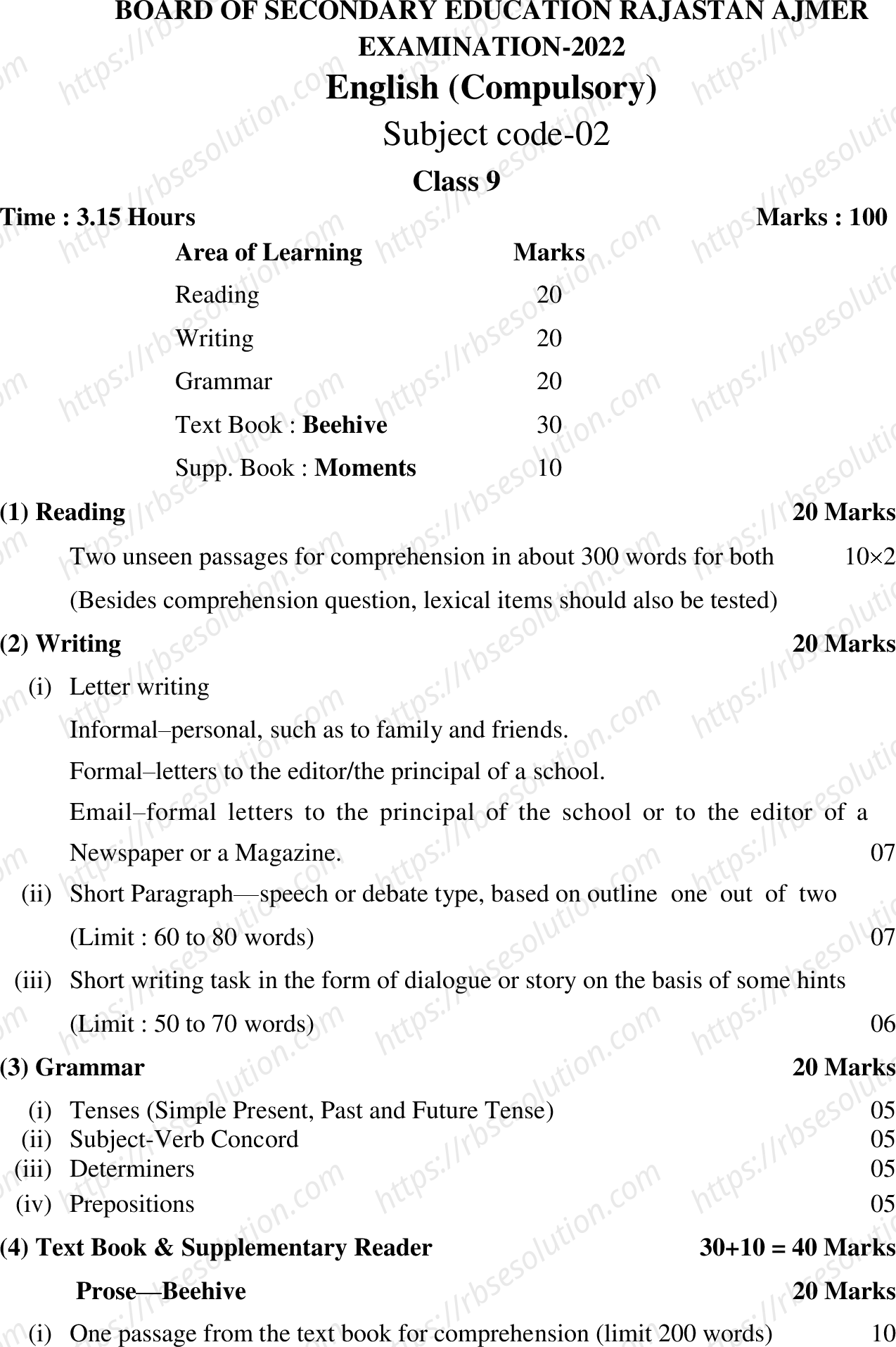 RBSE Class 9th 2022 English Syllabus 0