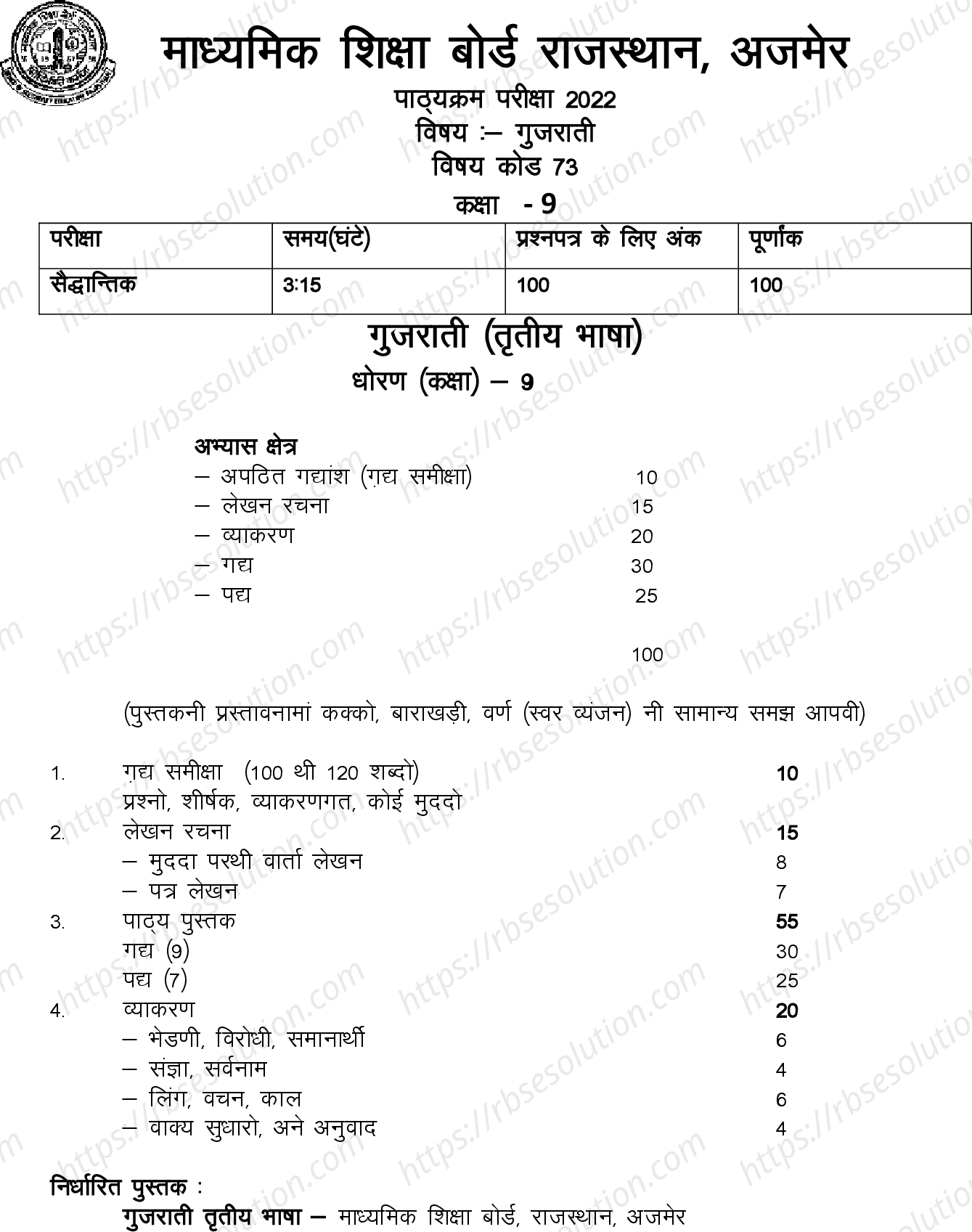 RBSE Class 9th 2022 Gujarati Syllabus 0