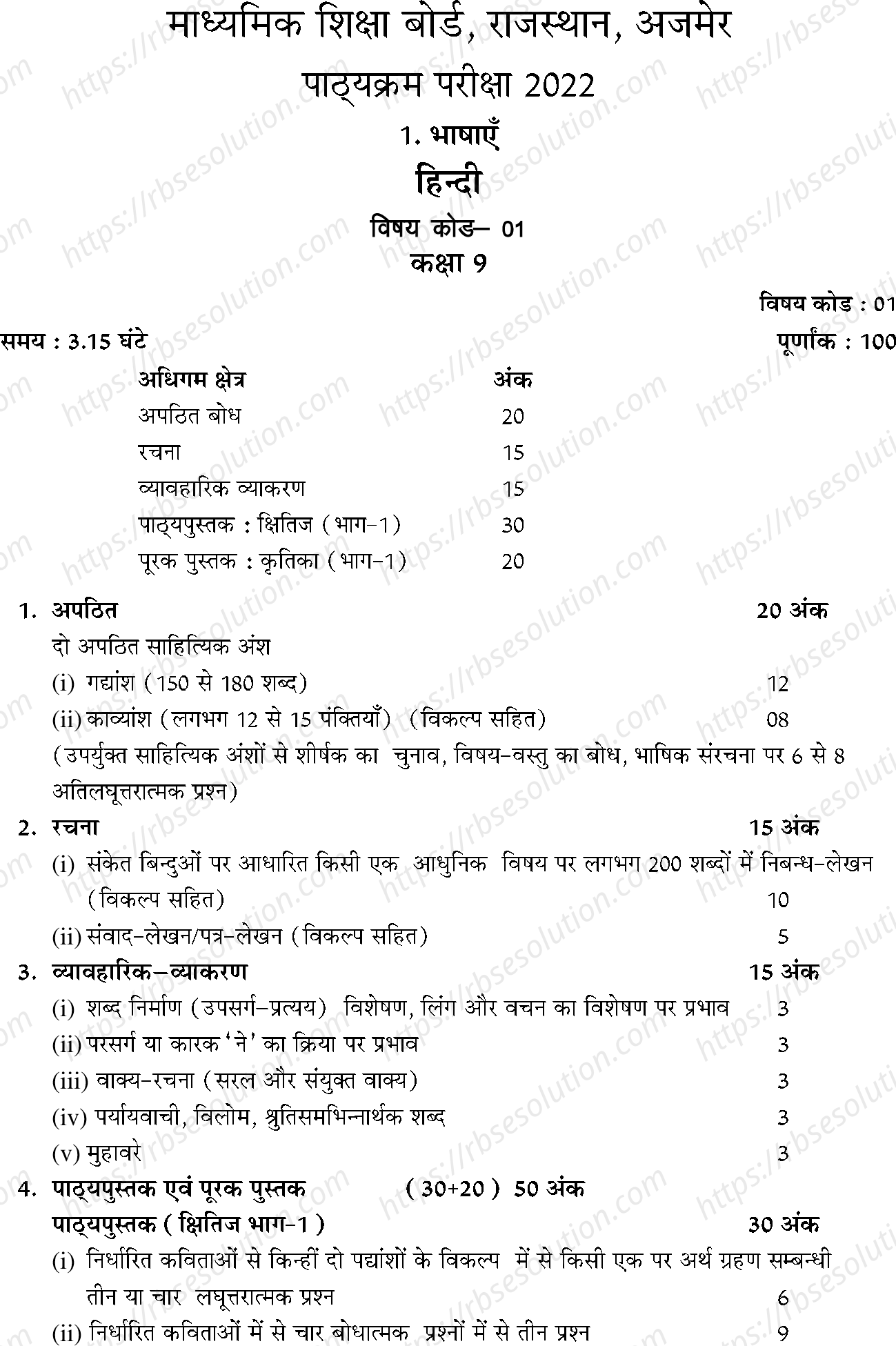 RBSE Class 9th 2022 Hindi Syllabus 0