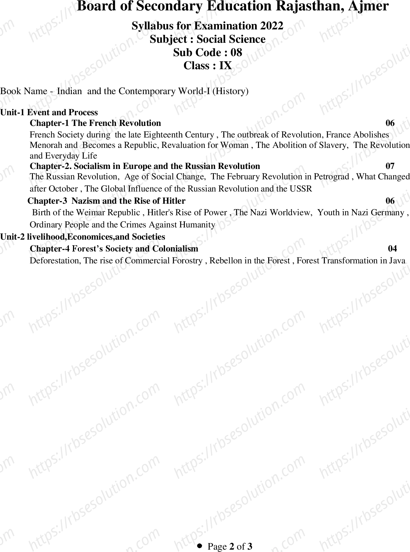 RBSE Class 9th 2022 Social Science Syllabus 0
