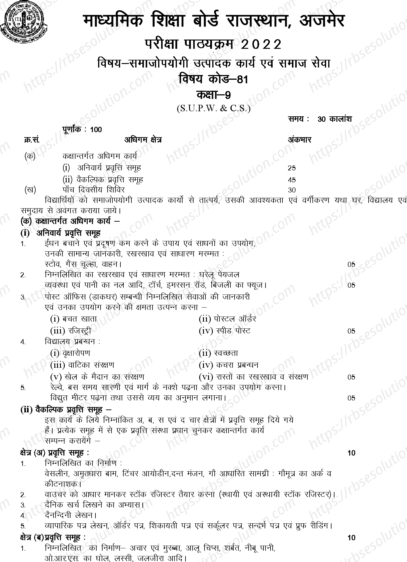 RBSE Class 9th 2022 Socially Useful Productive Work Syllabus 0