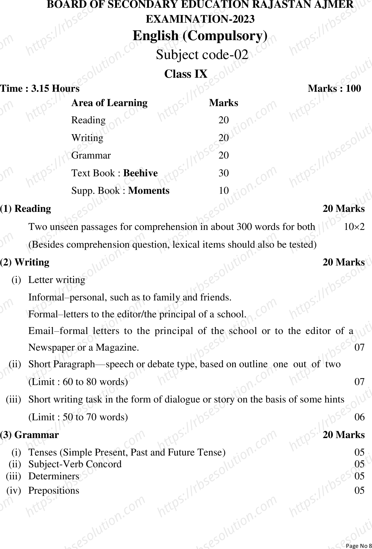 RBSE Class 9th 2023 English Syllabus 0