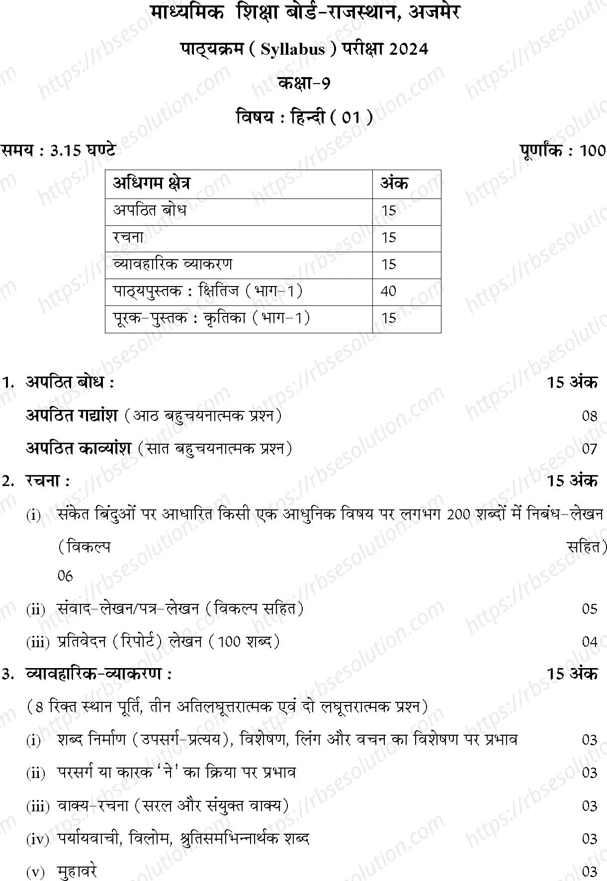 RBSE Class 9th 2024 Hindi Syllabus 0