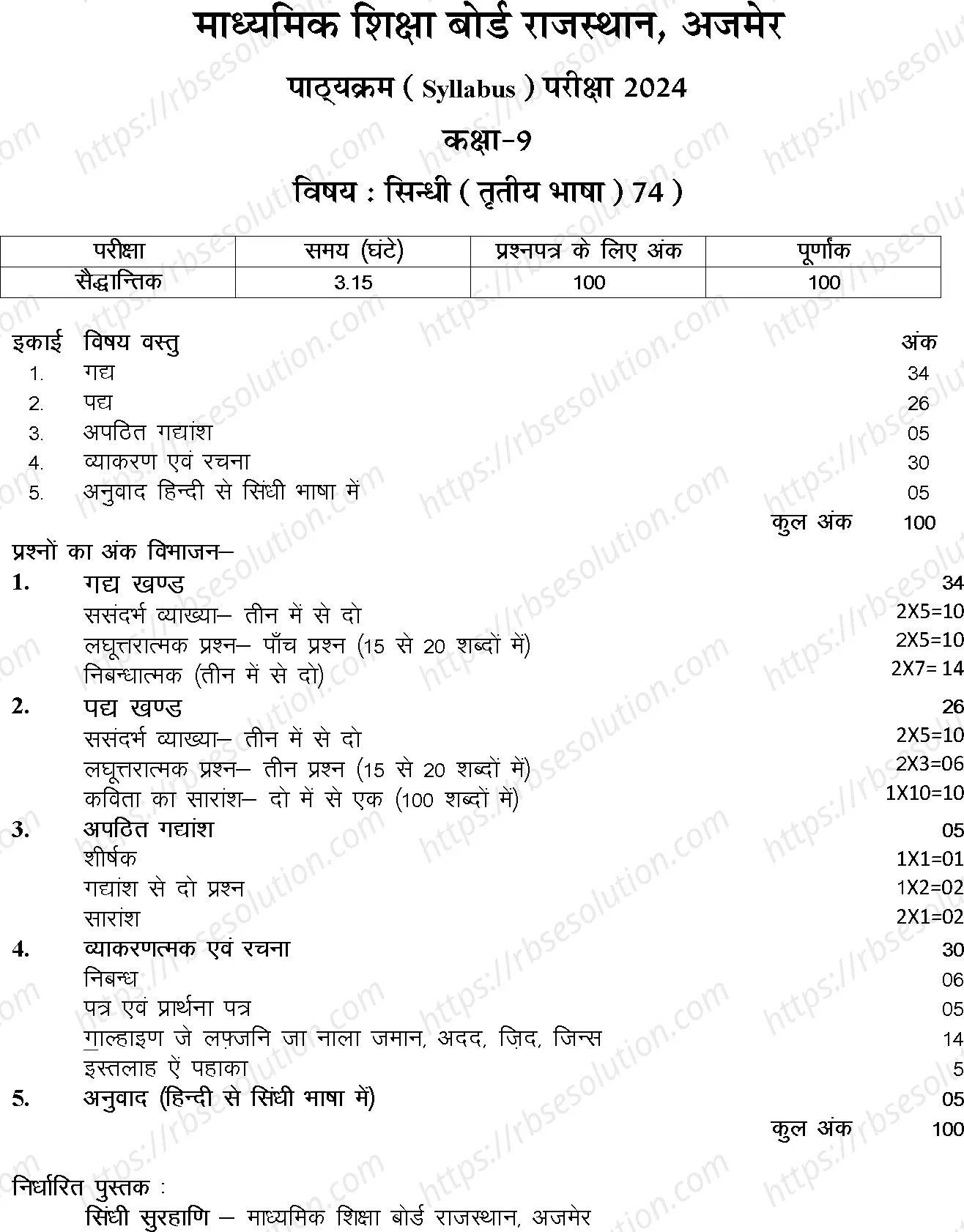 RBSE Class 9th 2024 Sindhi Syllabus 0