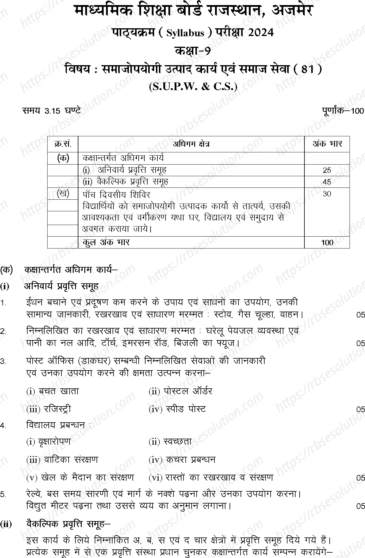 RBSE Class 9th 2024 Socially Useful Productive Work Syllabus 0