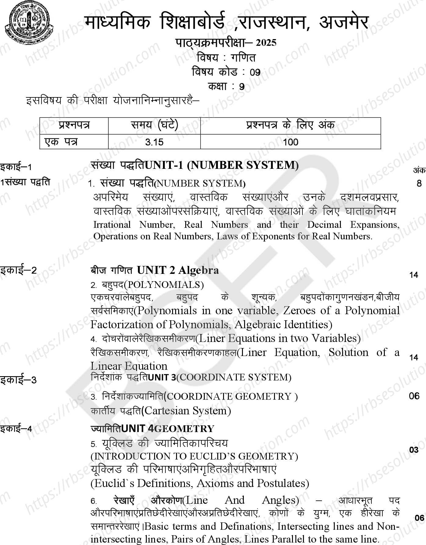 RBSE Class 9th 2025 Maths Syllabus 0