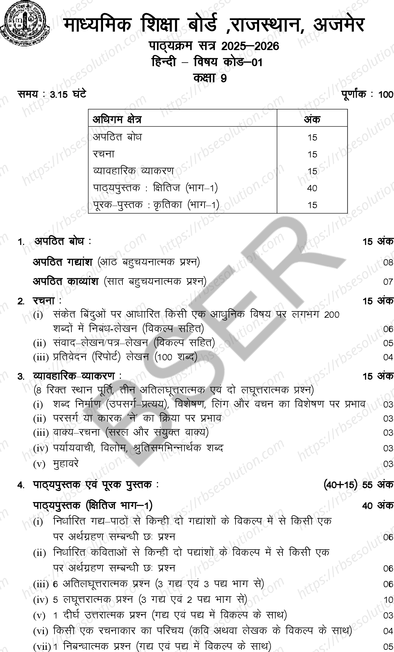RBSE Class 9th 2026 हिन्दी Syllabus 0